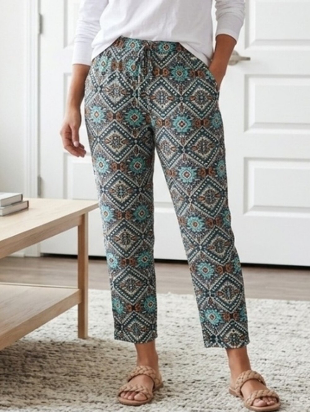 Boho Geometric Print Lightweight Pull-On Joggers / Lounge Pants